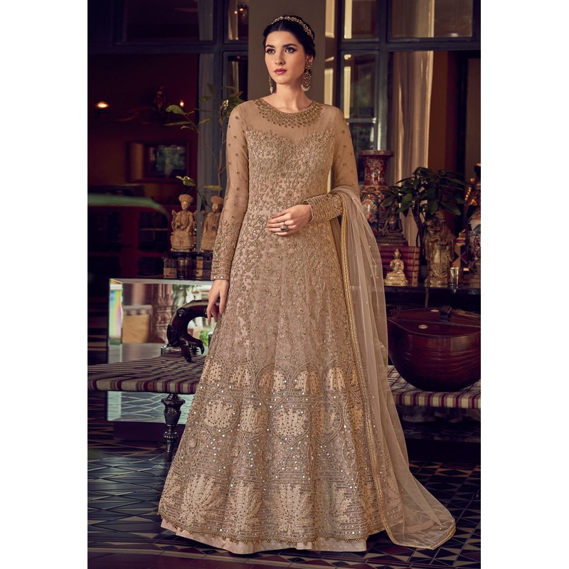 Enchanting Brown Net Embroidered Designer Anarkali Suit