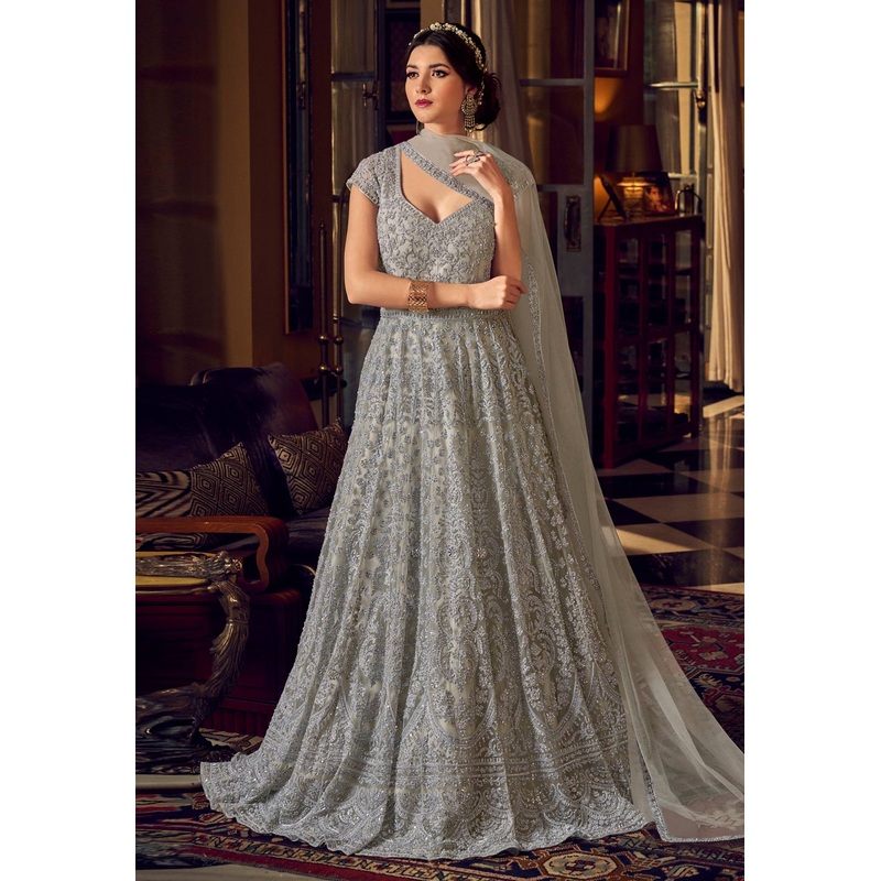 Enchanting Grey Net Embroidered Designer Anarkali Suit