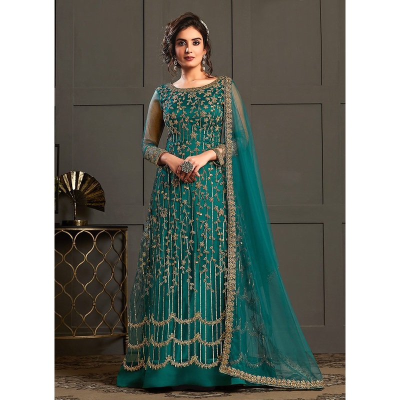 Engaging Teal Embroidered Net Designer Anarkali Gown