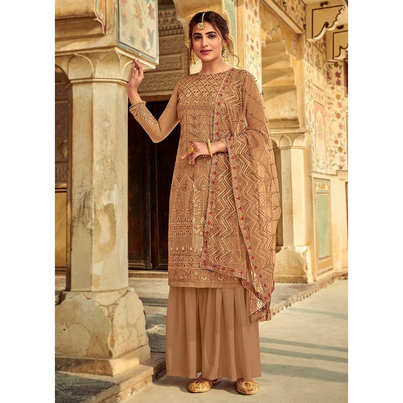 Exceptional Brown Embroidered Georgette Palazzo Suit
