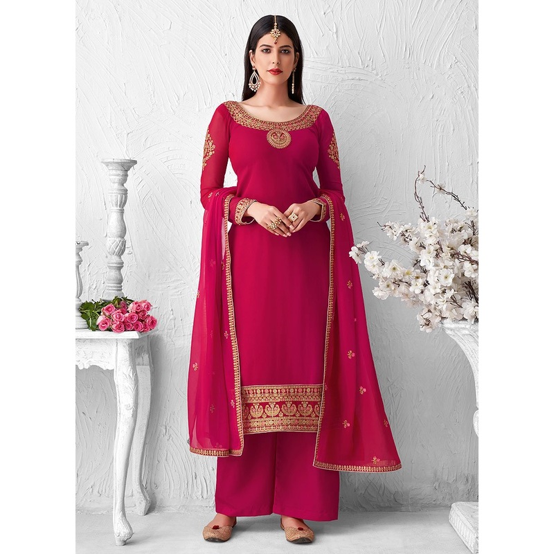 Eye-Catching Pink Embroidered Georgette Palazzo Suit