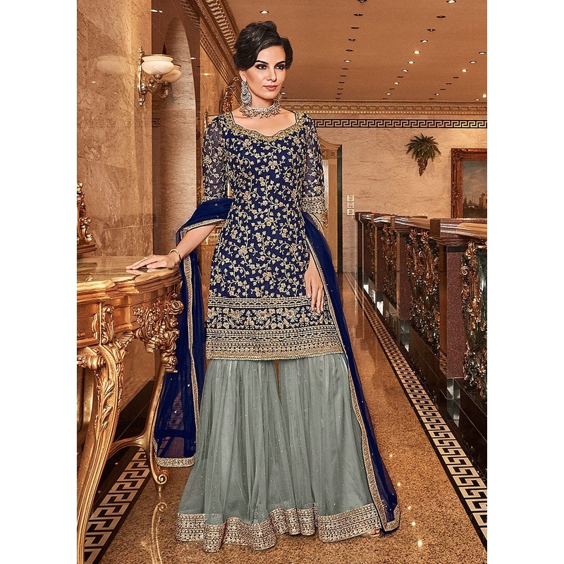 Fascinating Blue Floral Embroidered Straight Cut Sharara Suit
