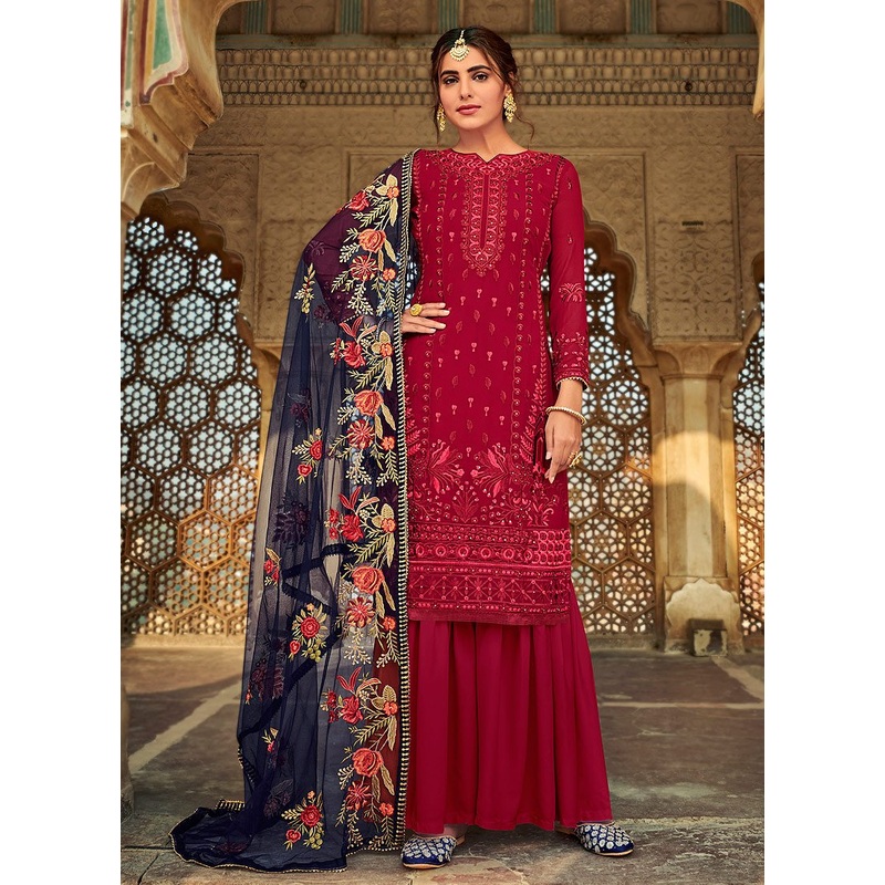 Fascinating Red Embroidered Georgette Palazzo Suit