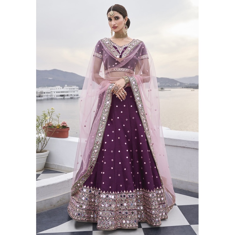 Fascinating Wine Mirror Work Embroidered Wedding Lehenga Choli