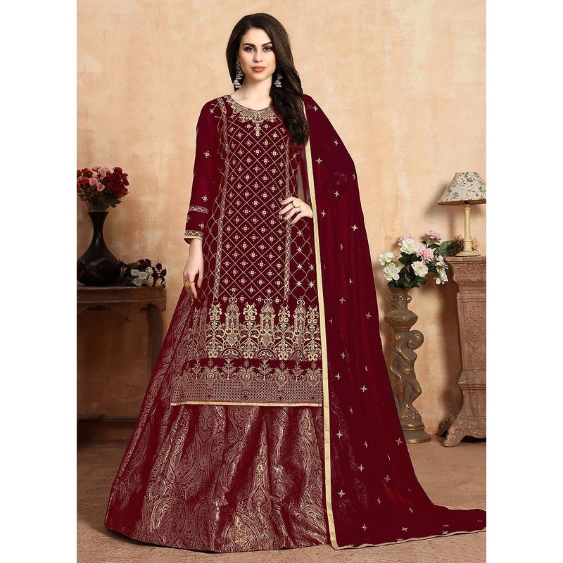 Glitzy Maroon Embroidered Georgette Wedding Lehenga Suit