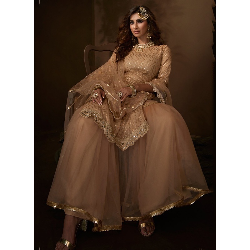 Glorious Beige Color Embroidered Designer Net Palazzo Suit