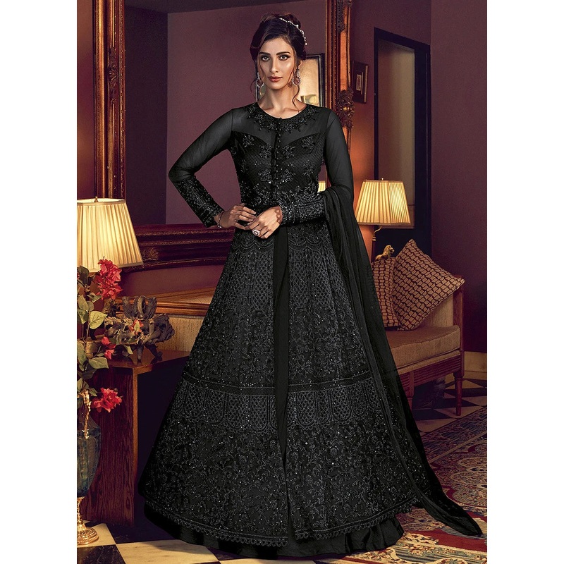 Glorious Black Slit Cut Embroidered Designer Anarkali Suit