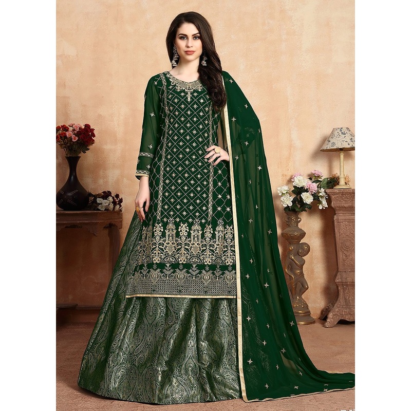 Gorgeous Green Embroidered Georgette Wedding Lehenga Suit