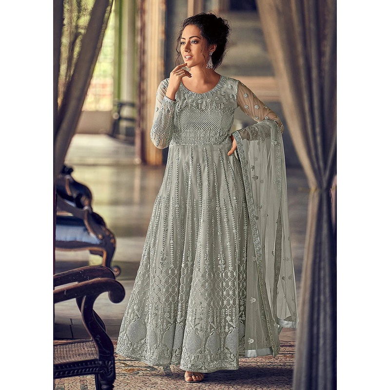 Graceful Grey Georgette Chikankari Designer Anarkali