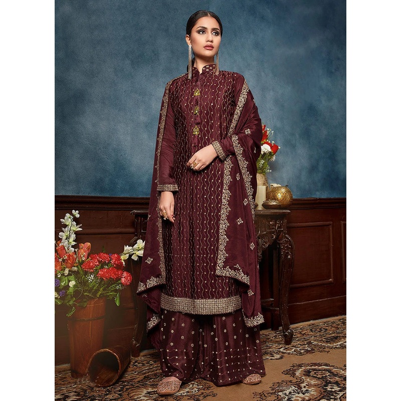 Graceful Maroon Chinon Trendy Palazzo Salwar Suit