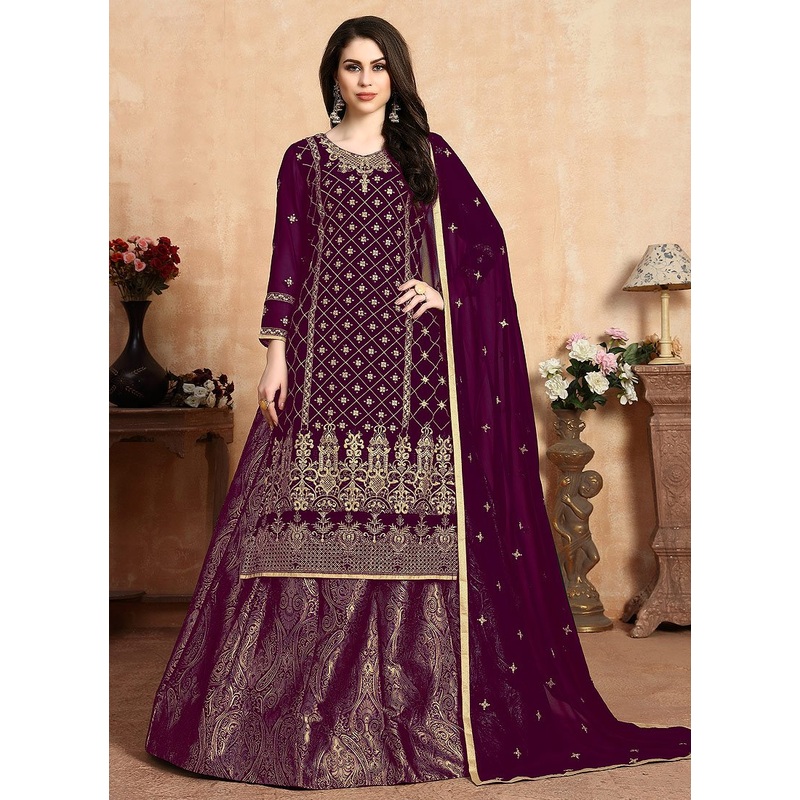 Graceful Purple Embroidered Georgette Wedding Lehenga Suit