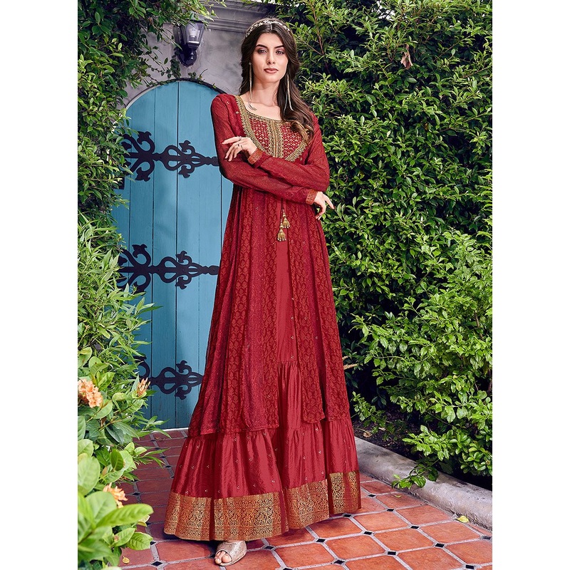 Graceful Red Chiffon Embroidered Jacket Style Anarkali