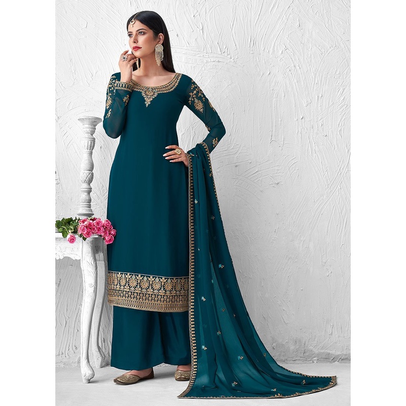 Graceful Teal Embroidered Georgette Palazzo Suit