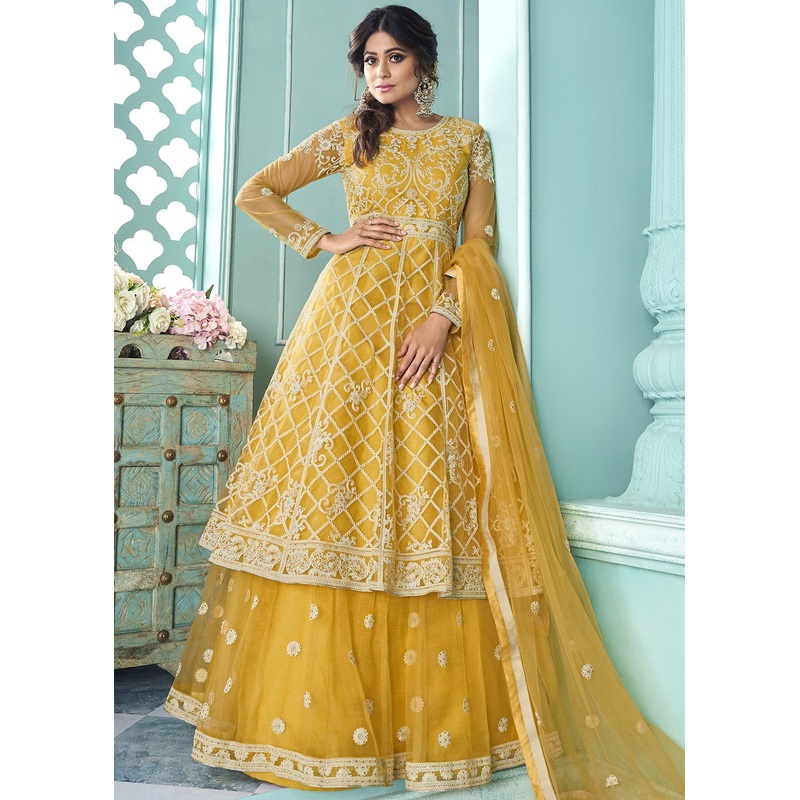 Graceful Yellow Shamita Shetty Bell Sleeved Lehenga Style Sharara Suit