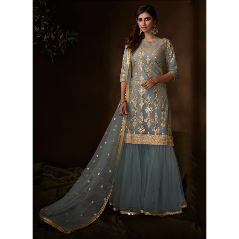Grey Color Embroidered Designer Net Palazzo Suit