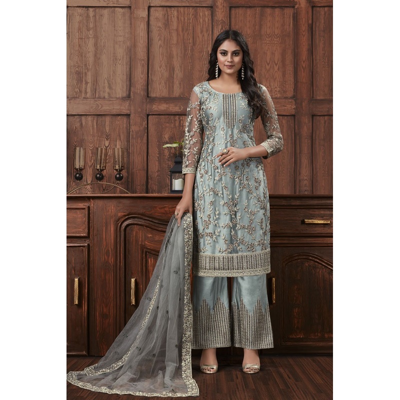 Grey Color Floral Embroidered Straight Pant Suit
