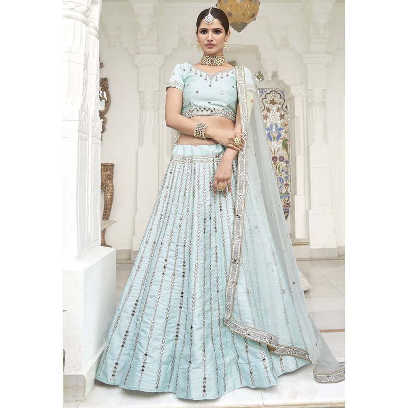 Ice Blue Mirror Work Embroidered Wedding Lehenga Choli