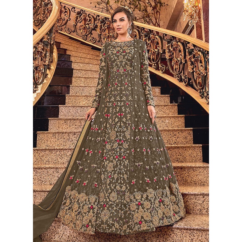 Impeccable Brown Designer Net Jacket Anarkali Suit