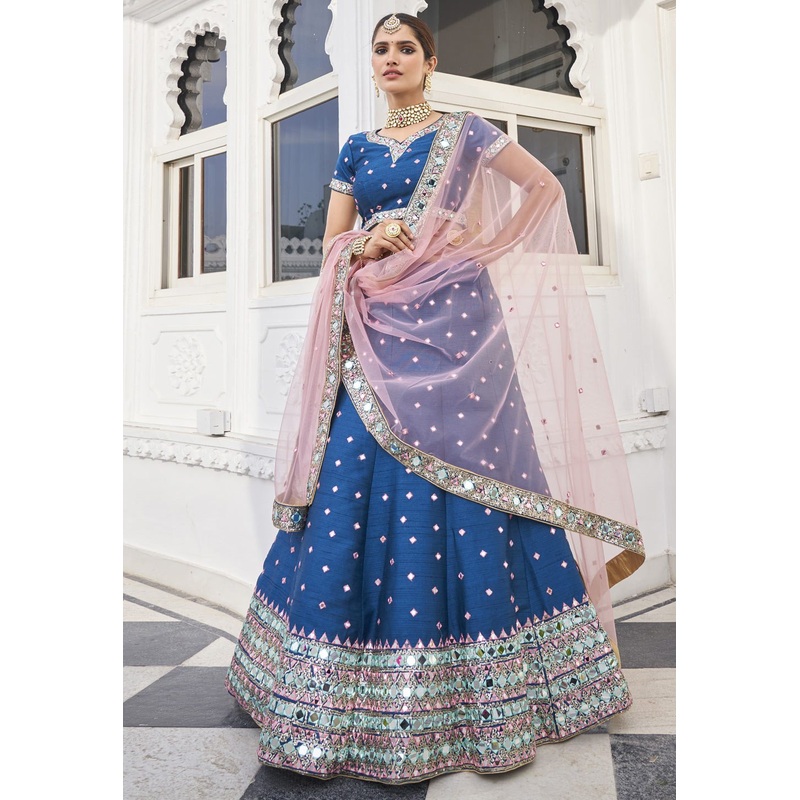 Inviting Blue Mirror Work Embroidered Wedding Lehenga Choli