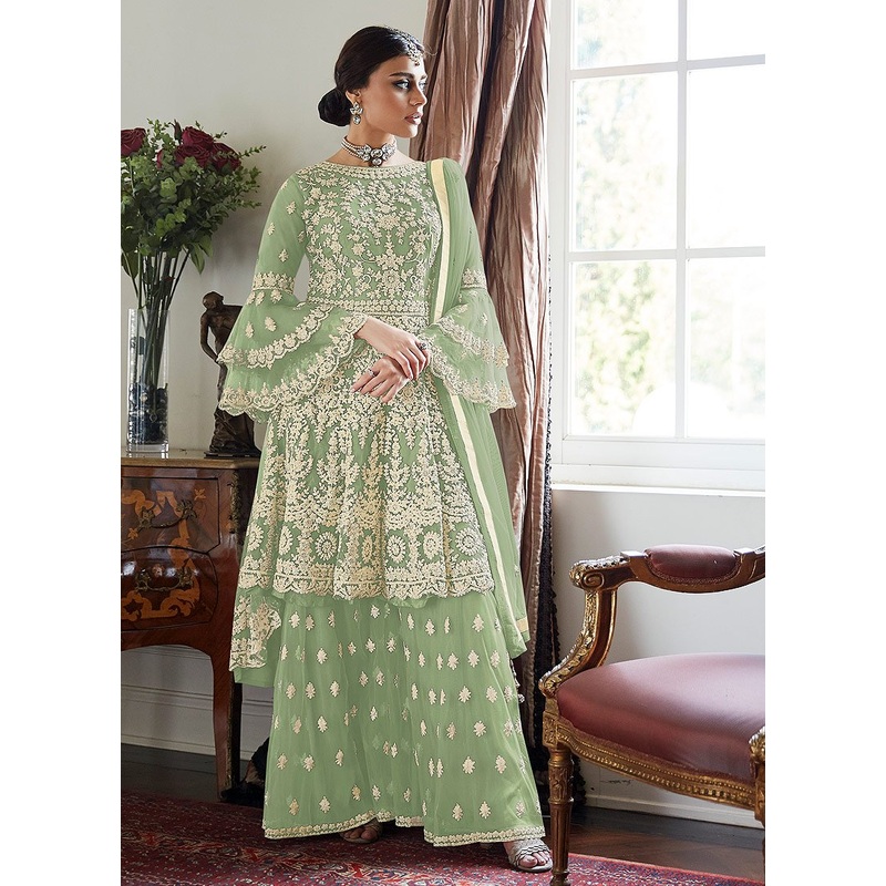 Light Green Trendy Bell Sleeved Embroidered Sharara