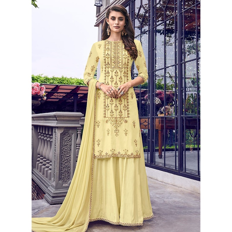 Light Lemon Embroidered Muslin Designer Sharara Suit