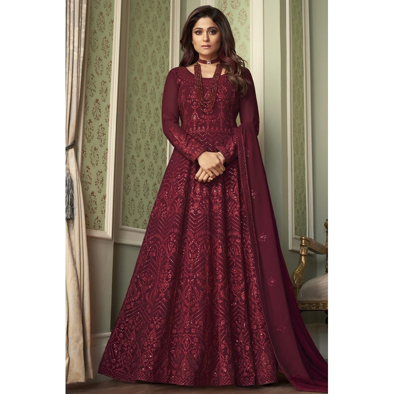 Lovable Maroon Shamita Shetty Embroidered Georgette Anarkali Suit