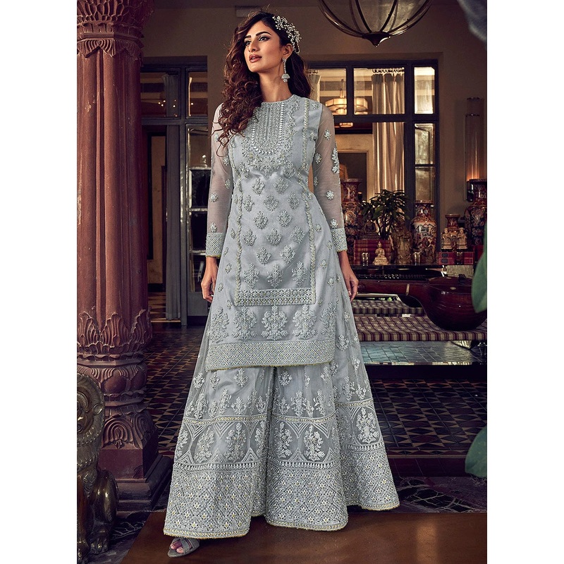 Lovable Pastel Grey Embroidered Party Wear Sharara Suit
