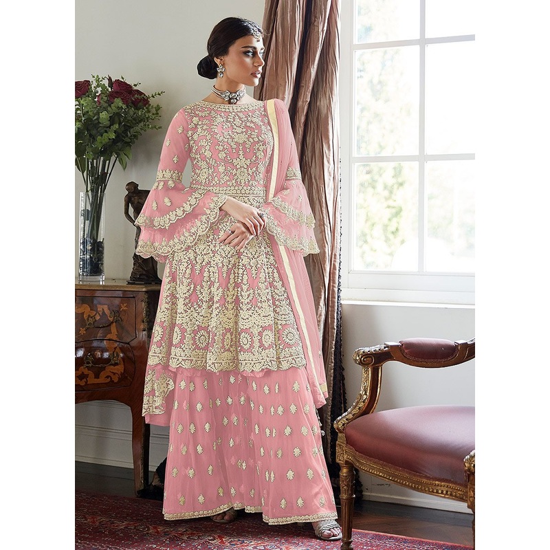 Lovable Pink Trendy Bell Sleeved Embroidered Sharara