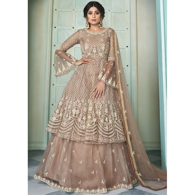 Lovely Beige Shamita Shetty Bell Sleeved Lehenga Style Sharara Suit