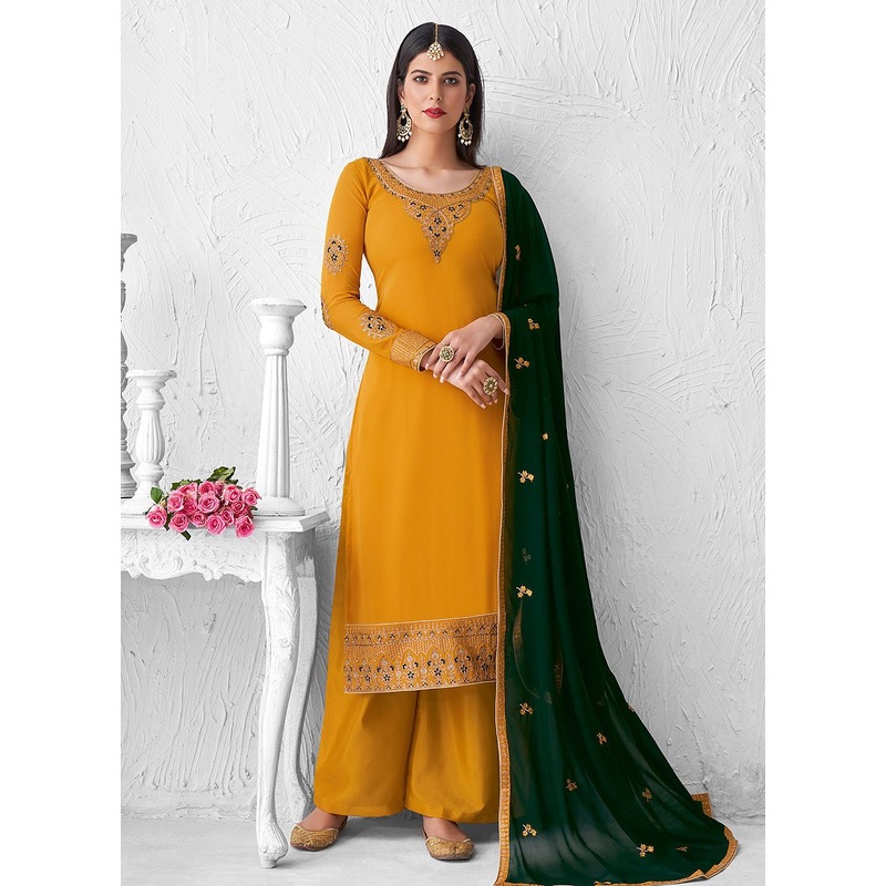 Lovely Yellow Embroidered Georgette Palazzo Suit