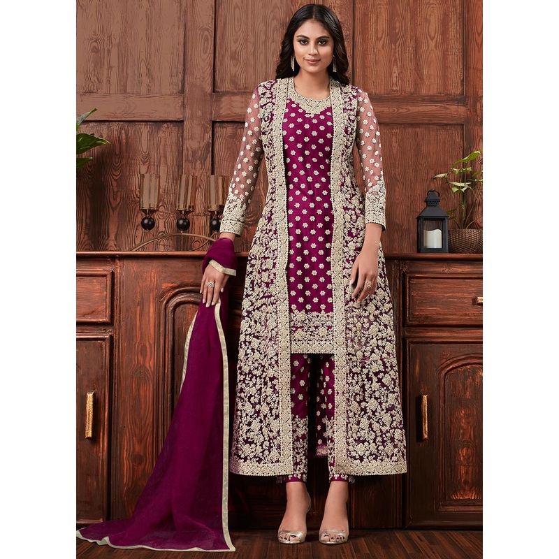 Magenta Color Embroidered Jacket Style Pant Salwar Suit