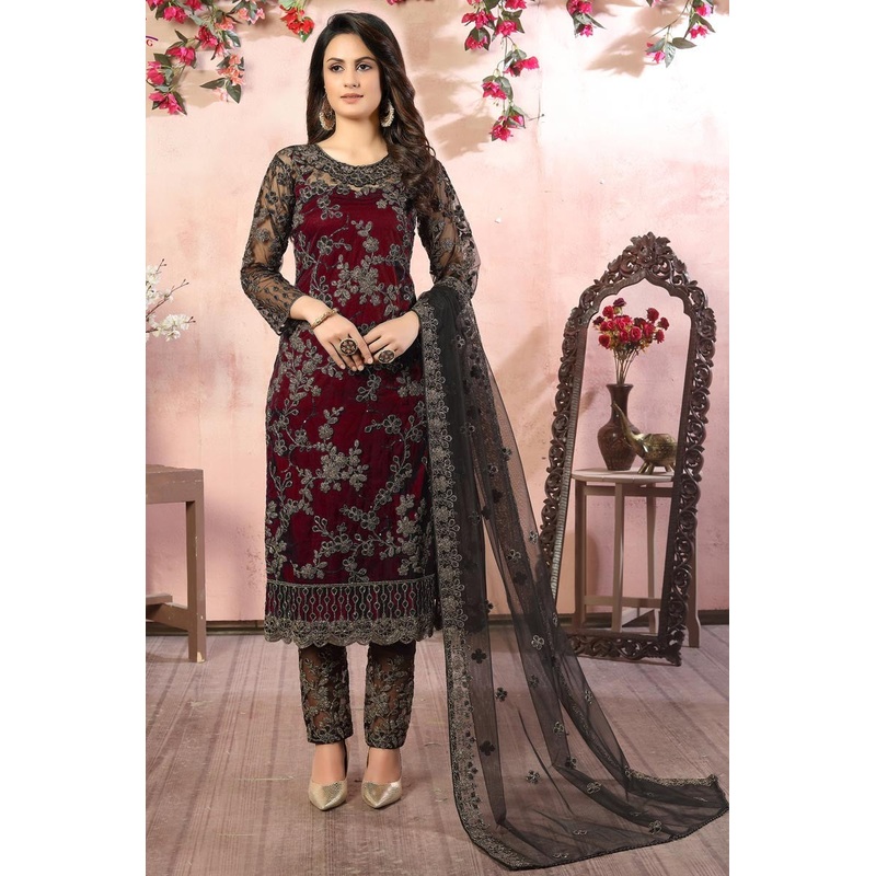 Magical Maroon Embroidered Net Pant Style Suit