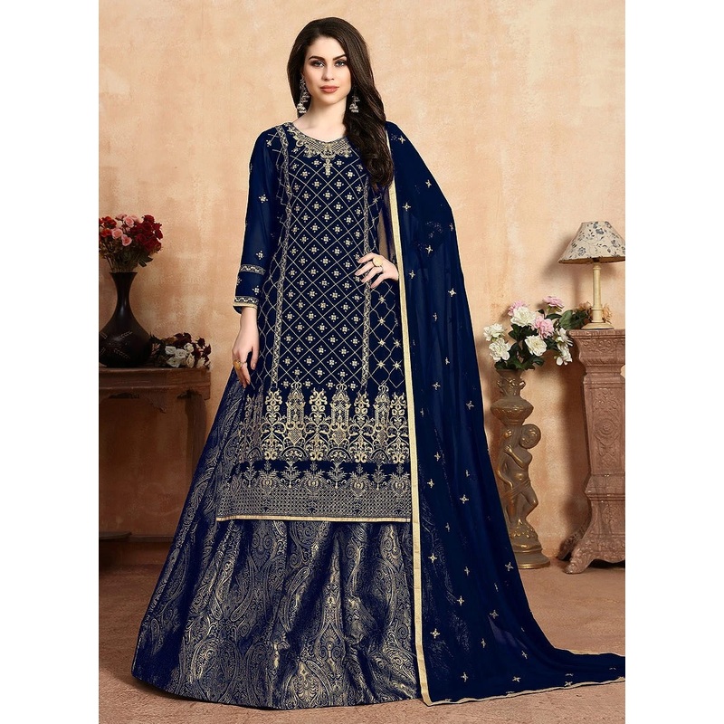 Magnificent Blue Embroidered Georgette Wedding Lehenga Suit