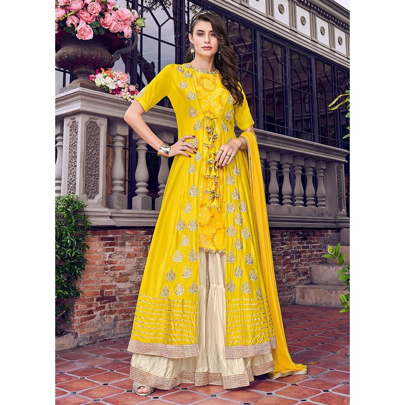 Mustard Yellow Embroidered Jacket Style Sharara Suit