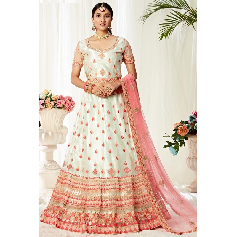 Off White & Pink Thread Embroidered A-Line Lehenga Choli