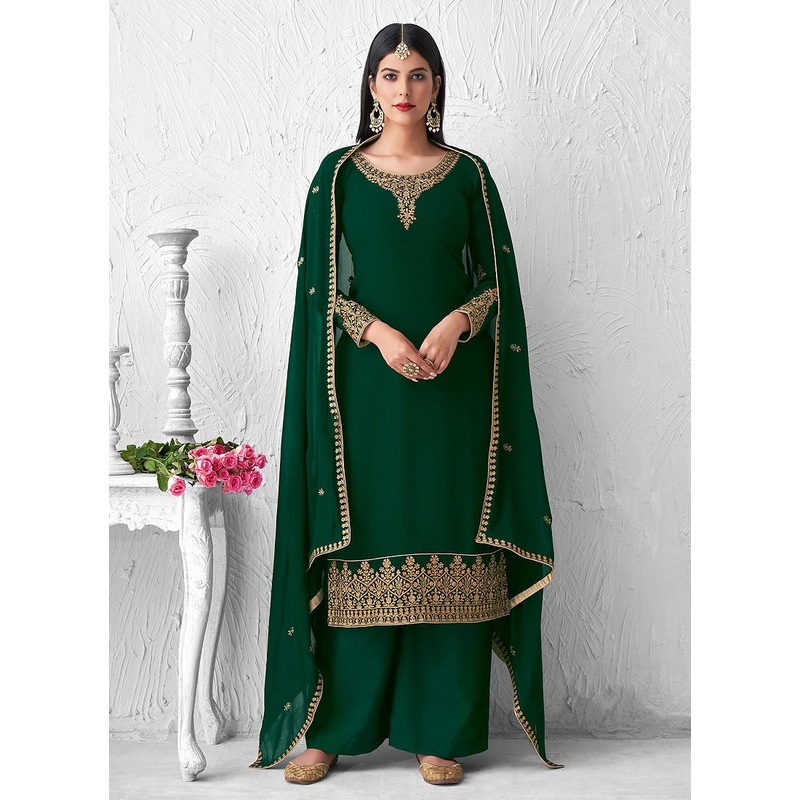 Outstanding Green Embroidered Georgette Palazzo Suit
