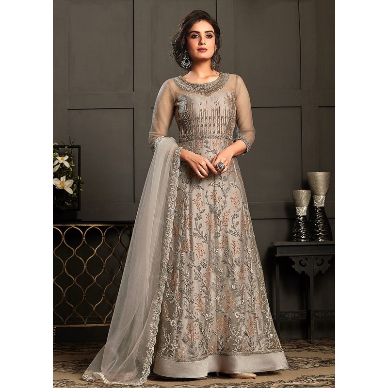 Pastel Grey Embroidered Net Designer Anarkali Gown