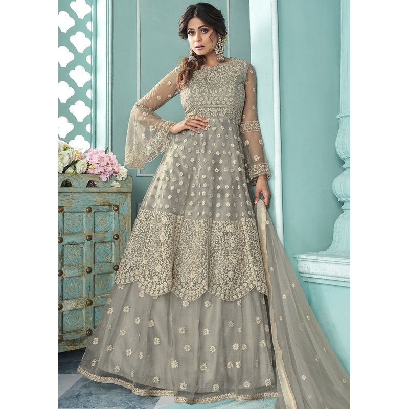 Pastel Grey Shamita Shetty Bell Sleeved Lehenga Style Sharara Suit