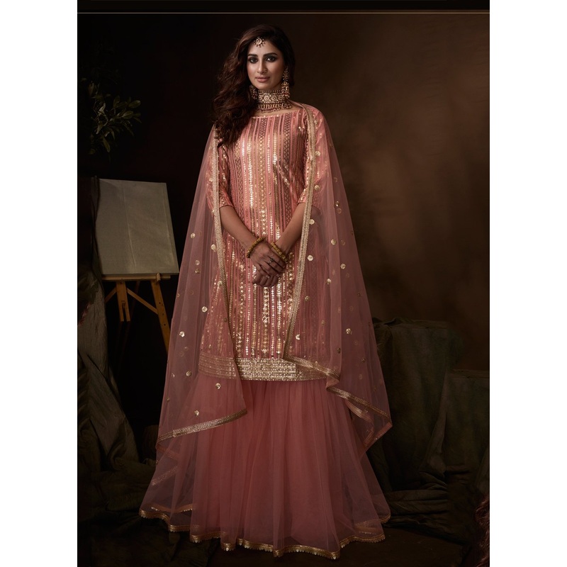 Pink Color Embroidered Designer Net Palazzo Suit