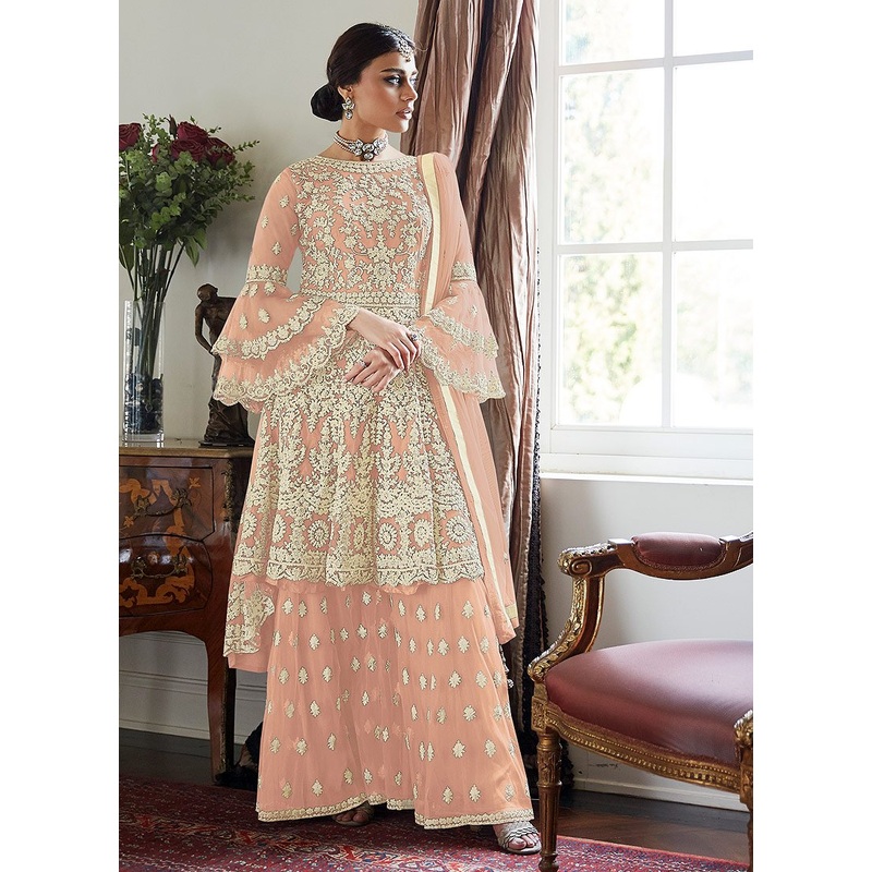 Pretty Peach Trendy Bell Sleeved Embroidered Sharara