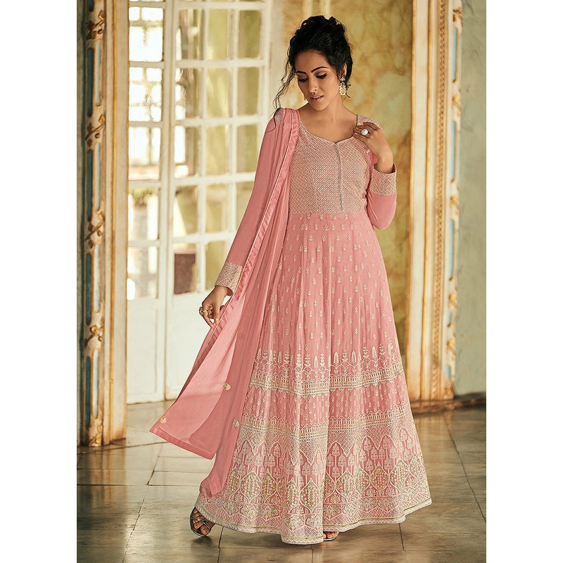 Pretty Pink Georgette Chikankari Embroidered Anarkali