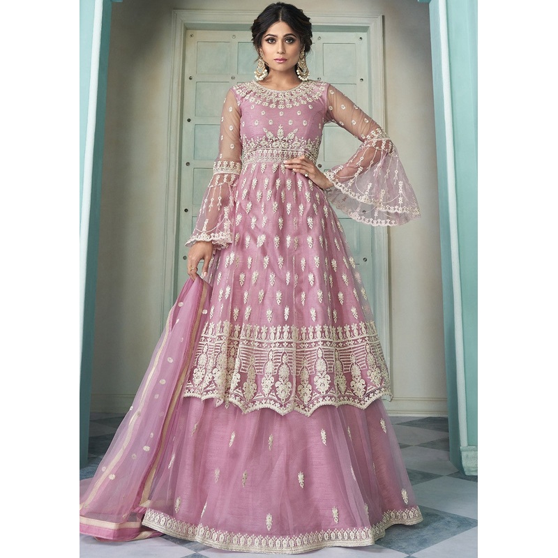 Pretty Pink Shamita Shetty Bell Sleeved Lehenga Style Sharara Suit
