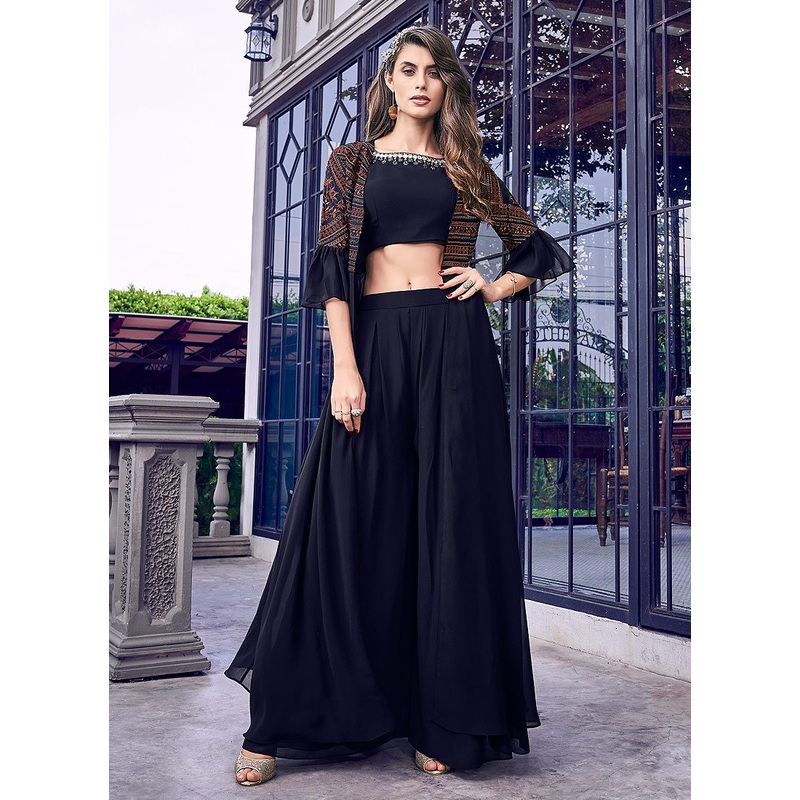 Ravishing Black Fancy Georgette Top Jacket Style Palazzo Suit