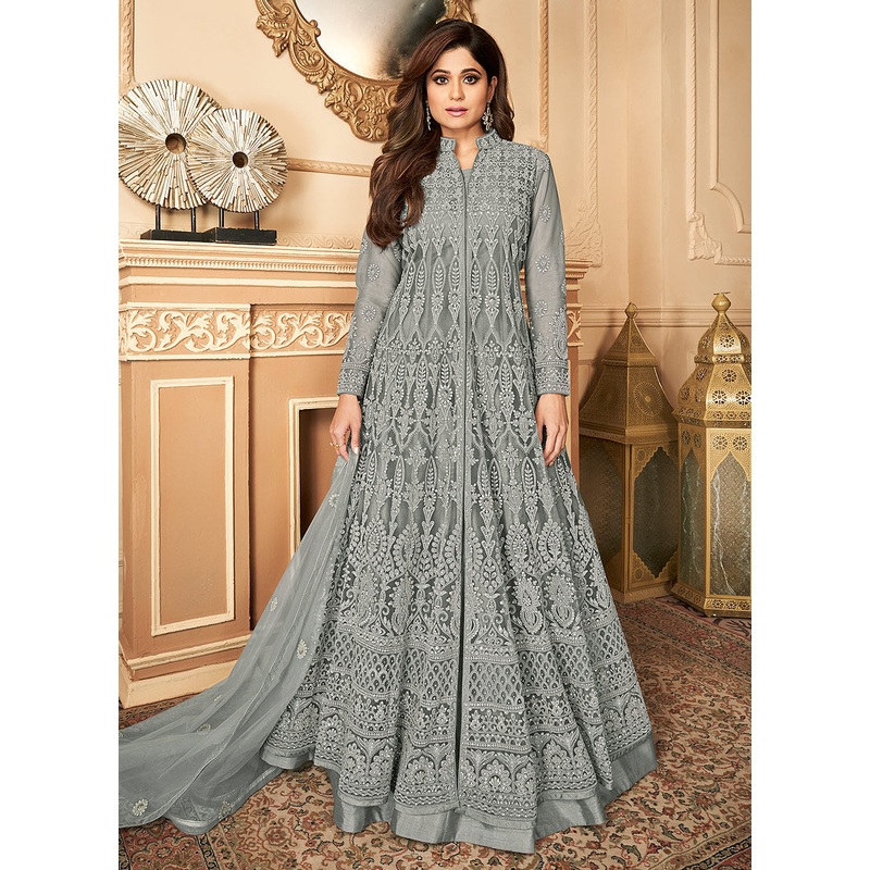 Remarkable Grey Shamita Shetty Designer Anarkali
