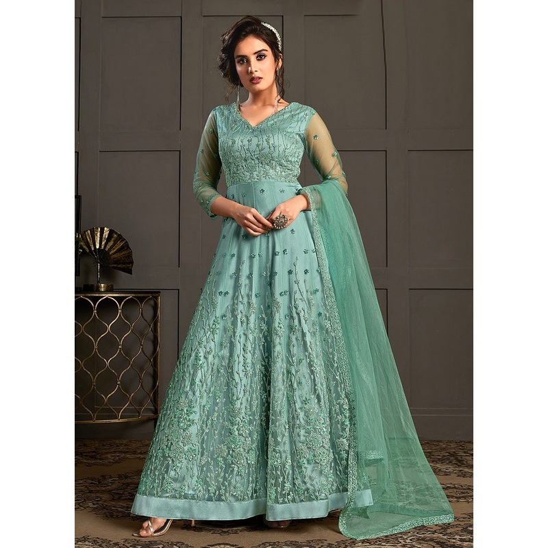 Sea Blue Embroidered Net Designer Anarkali Gown