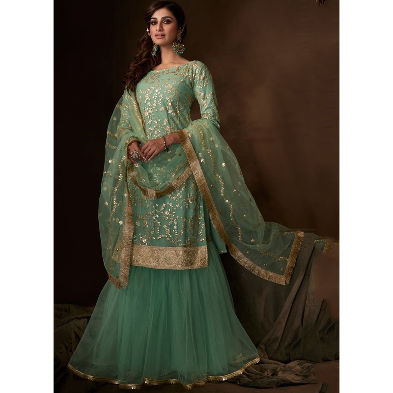 Sea Green Color Embroidered Designer Net Palazzo Suit