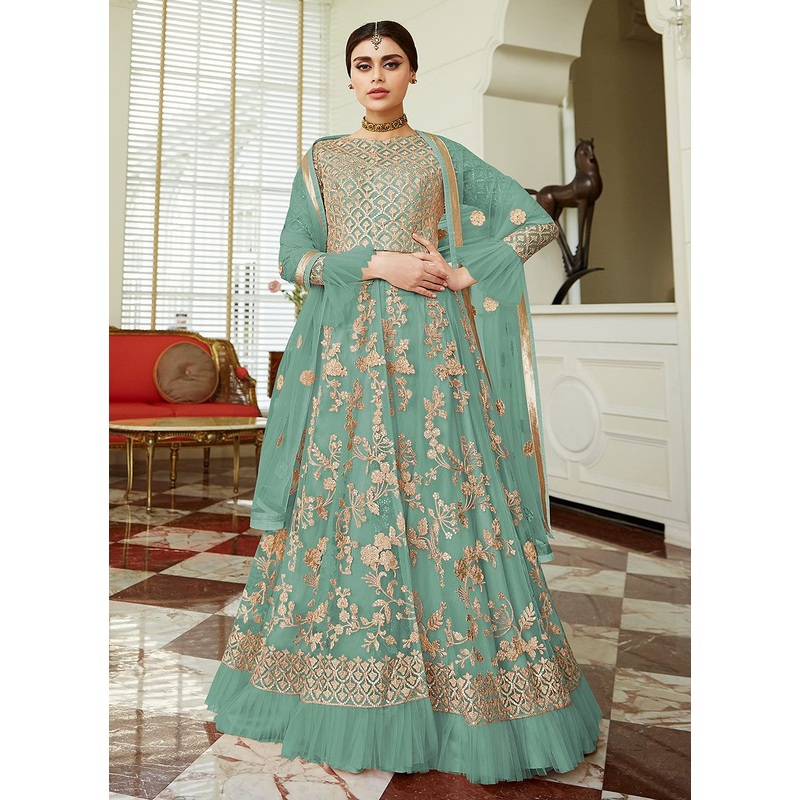 Sea Green Frilled Cuffs Net Lehenga Style Anarkali Suit