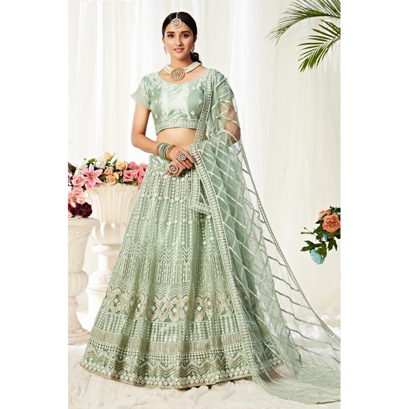 Sea Green Thread Embroidered A-Line Lehenga Choli