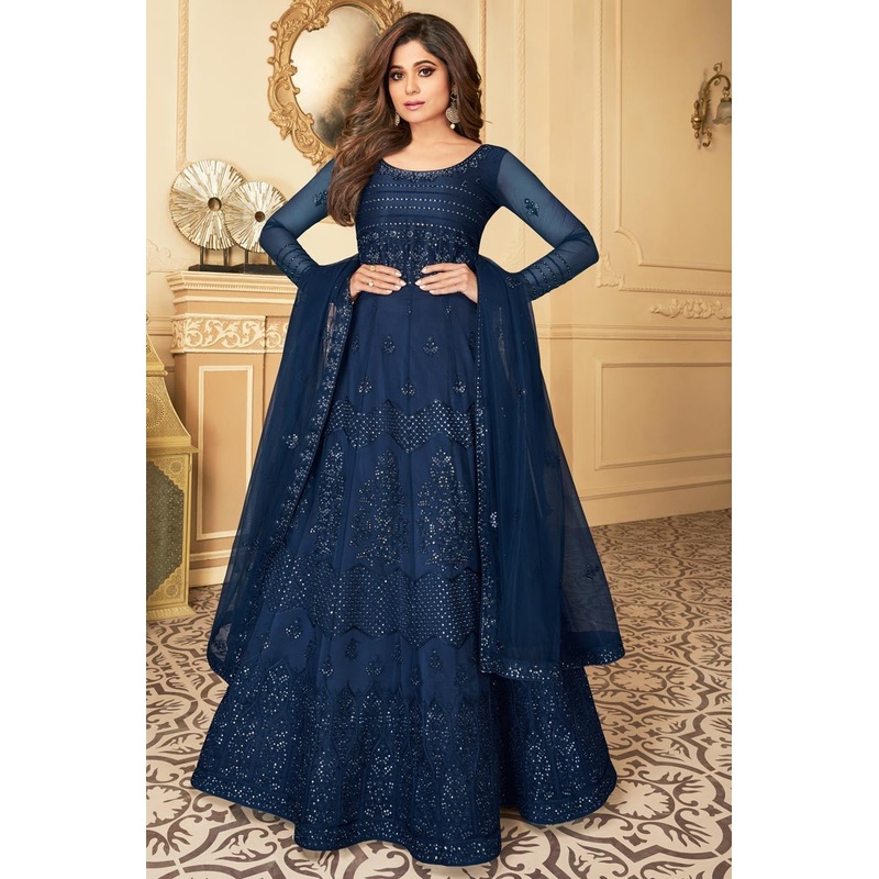 Shamita Shetty Blue Color Net Embroidered Anarkali Suit