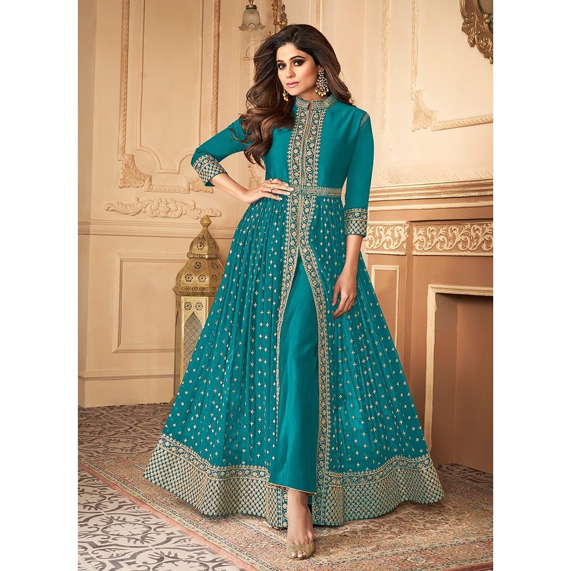 Shamita Shetty Blue Front Slit Georgette Anarkali Suit